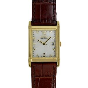 Citizen Eco-Drive Tank Men's Watch White Dial Gold Plated Genuine Brown Leather